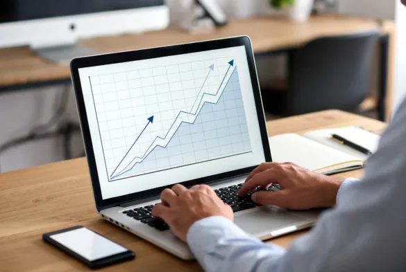 investor analyzing rising market chart on laptop
