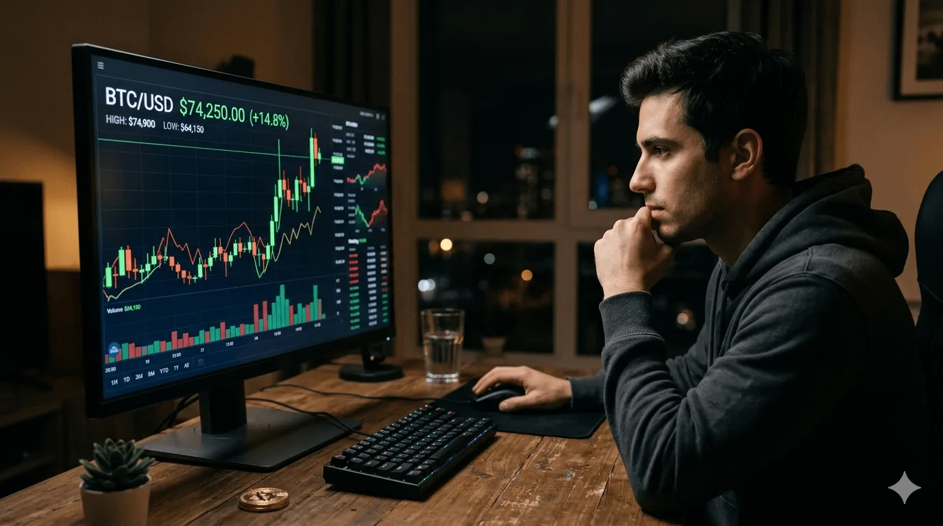 person viewing rising cryptocurrency charts on screen