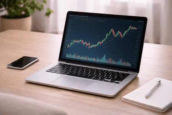 cryptocurrency charts displayed on laptop with trading setup