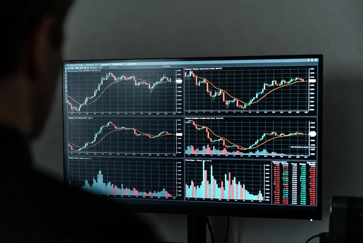 multiple crypto data charts including price and volume on screen