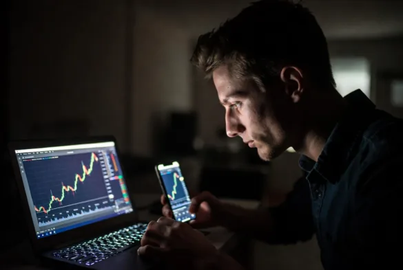crypto trader monitoring volatile market on laptop and phone