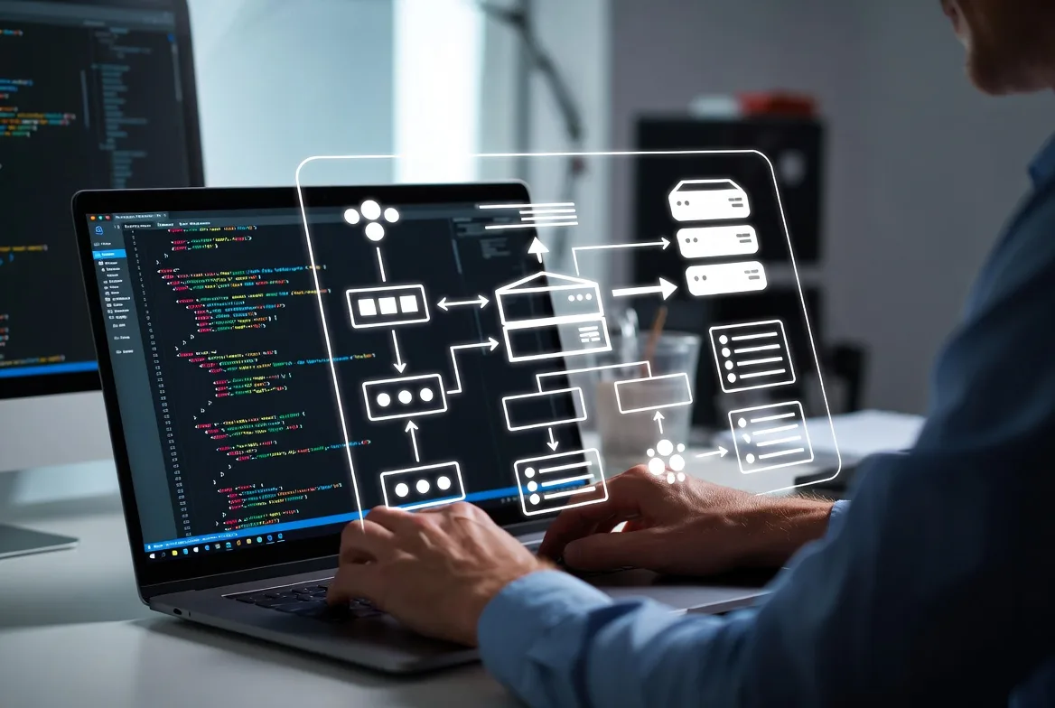developer building stablecoin system with code and architecture