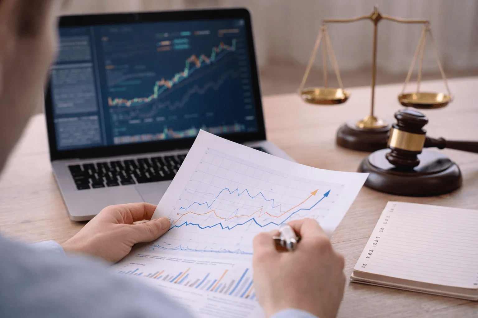 person reviewing cryptocurrency regulations and financial data