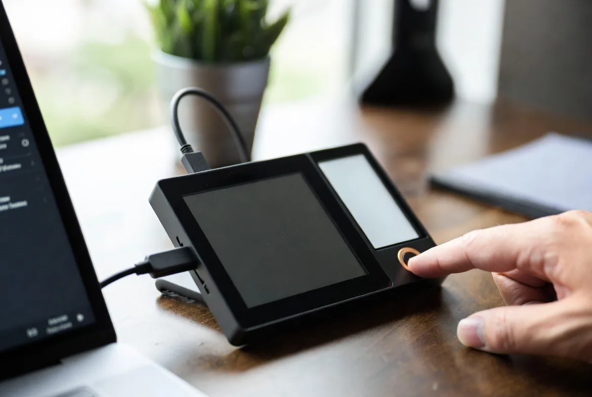 user confirming transaction on hardware crypto wallet device