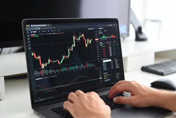 crypto derivatives trading on laptop with price chart