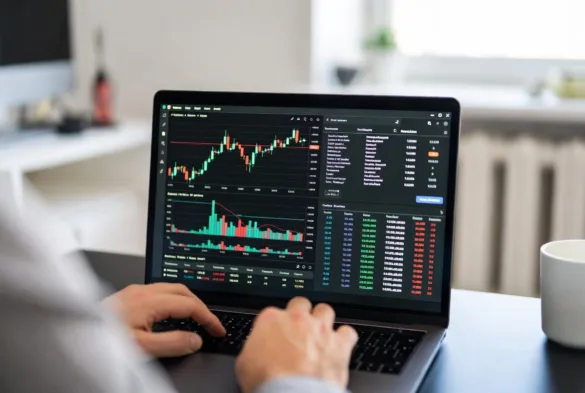 investor analyzing crypto related stocks on laptop