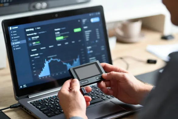 confirming transaction on hardware crypto wallet connected to laptop