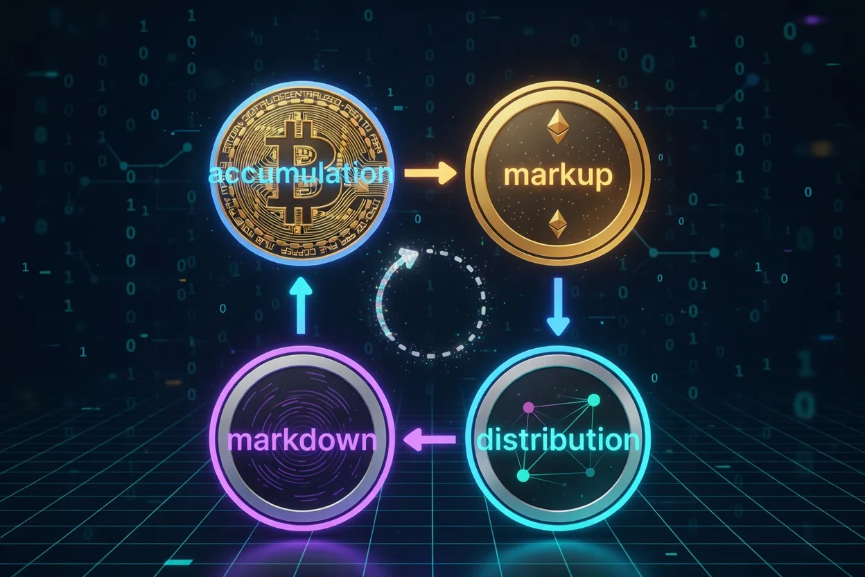 Four phases of crypto market cycles with arrows showing progression