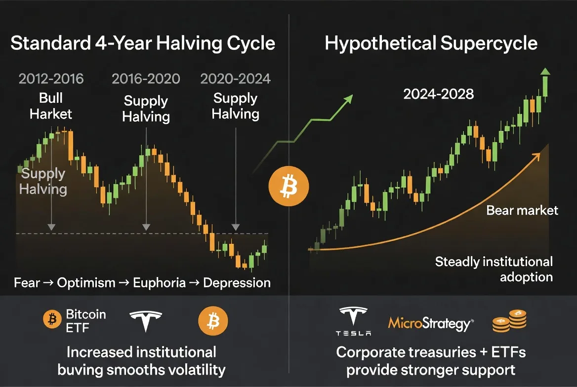 Illustration comparing Bitcoin traditional cycles vs supercycle scenario