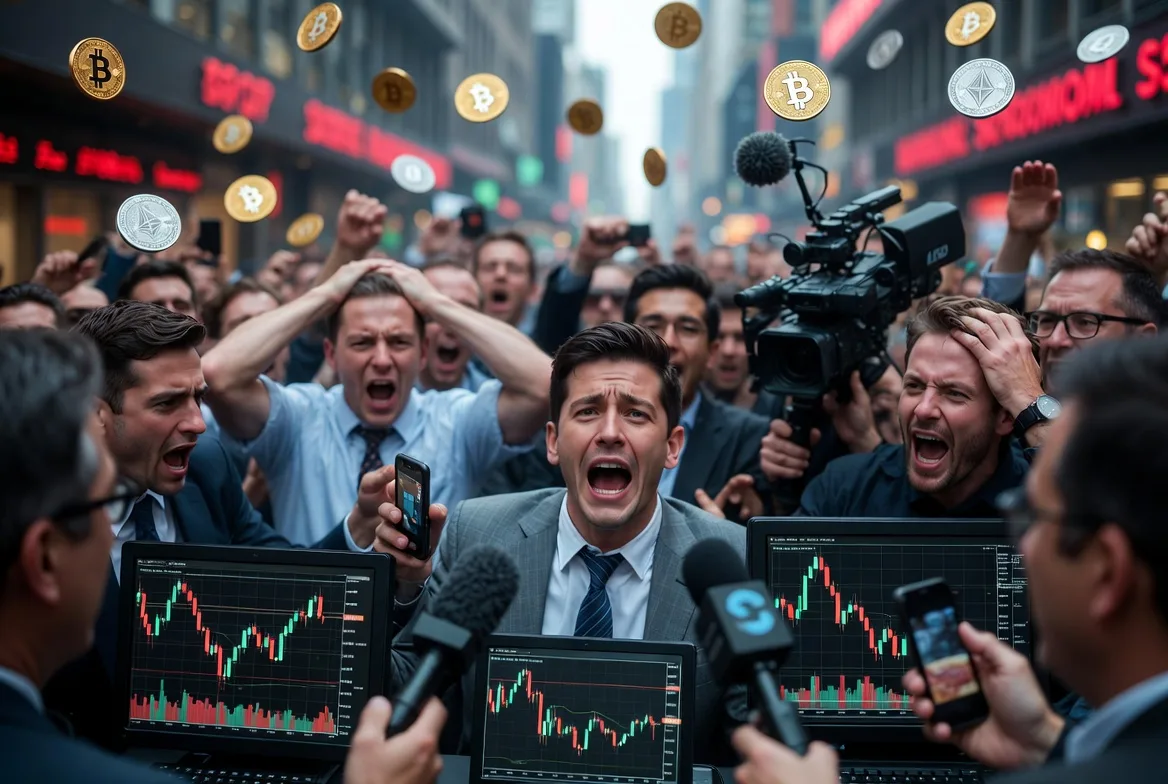 Illustration showing panic and media hype during crypto market downturns
